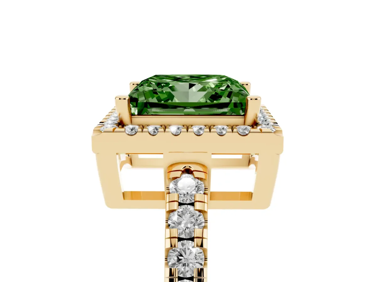 Fancy Green Princess Cut Diamond Halo Ring with Pavé Band and Four-Prong Setting Yellow gold