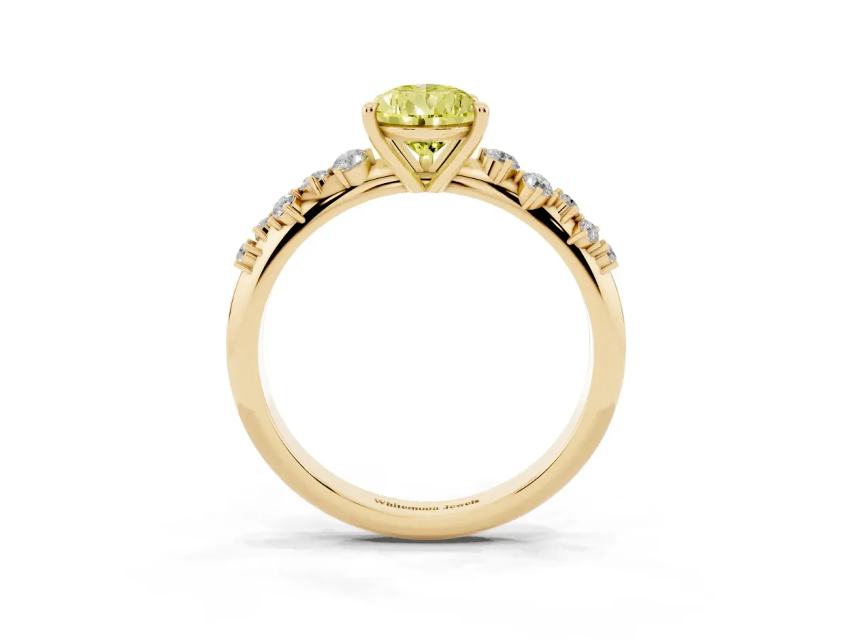 Fancy Yellow Pear Cut Diamond Cluster Side Stone Solitaire Ring with Prong Setting Yellow gold