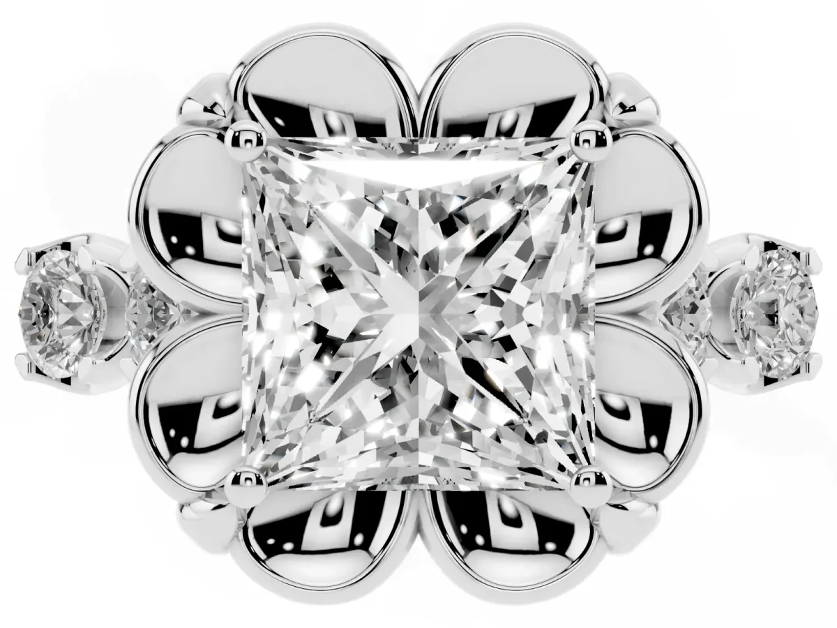 Princess Cut Cut Diamond Floral Halo Engagement Ring with Shared Prong Setting Silver