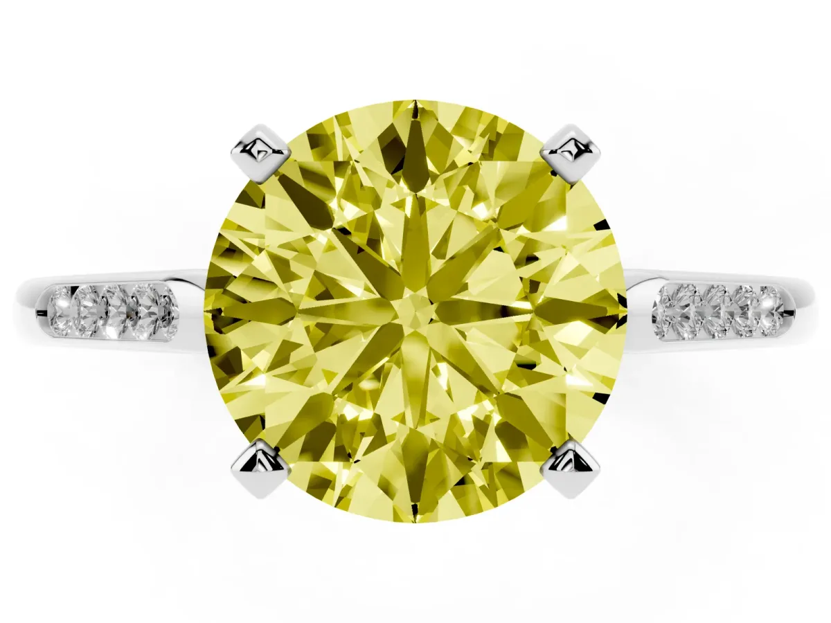 Fancy Yellow Round Cut Diamond Solitaire Ring with Channel Set Round Band and Prong Setting Silver