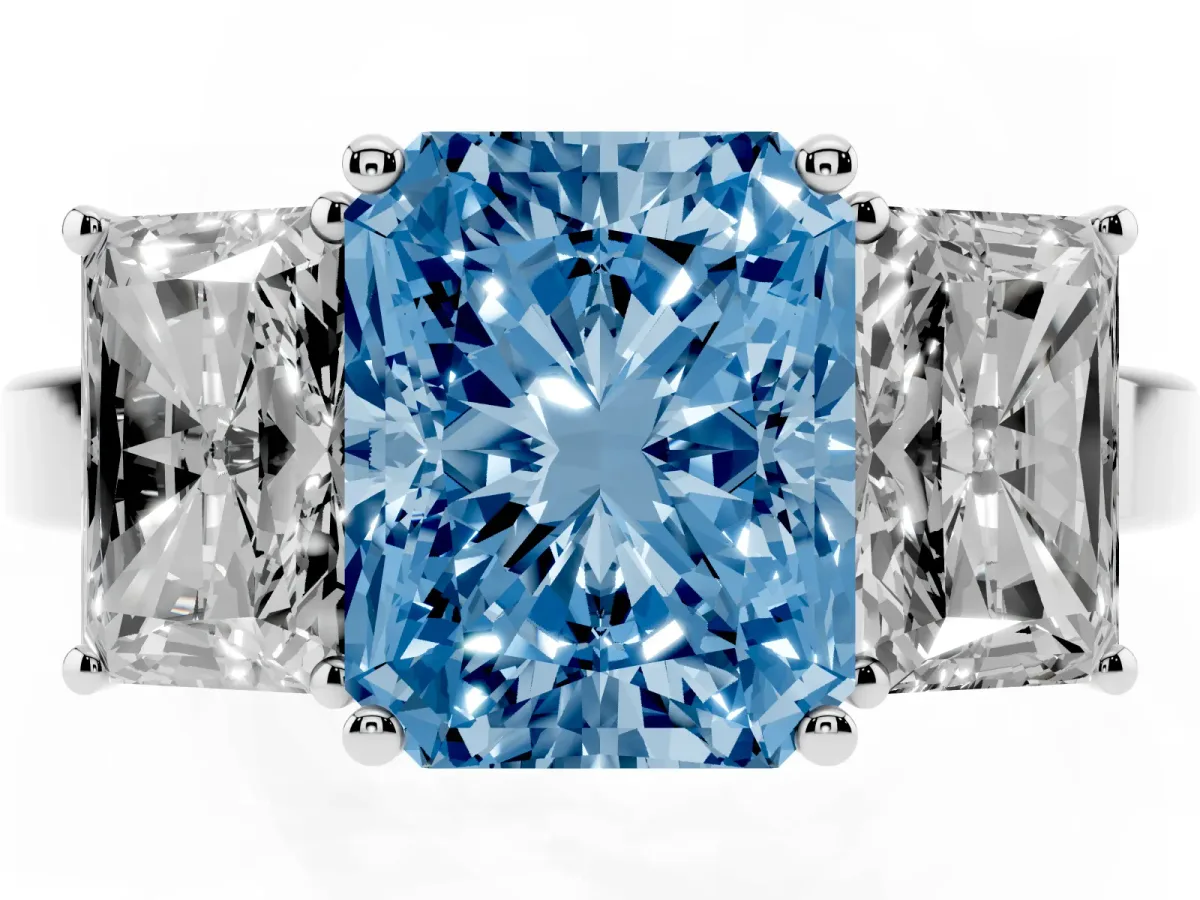 Fancy Blue Three-Stone Radiant Cut Cut Diamond Engagement Ring with Flat Band and Four-Prong Setting Silver