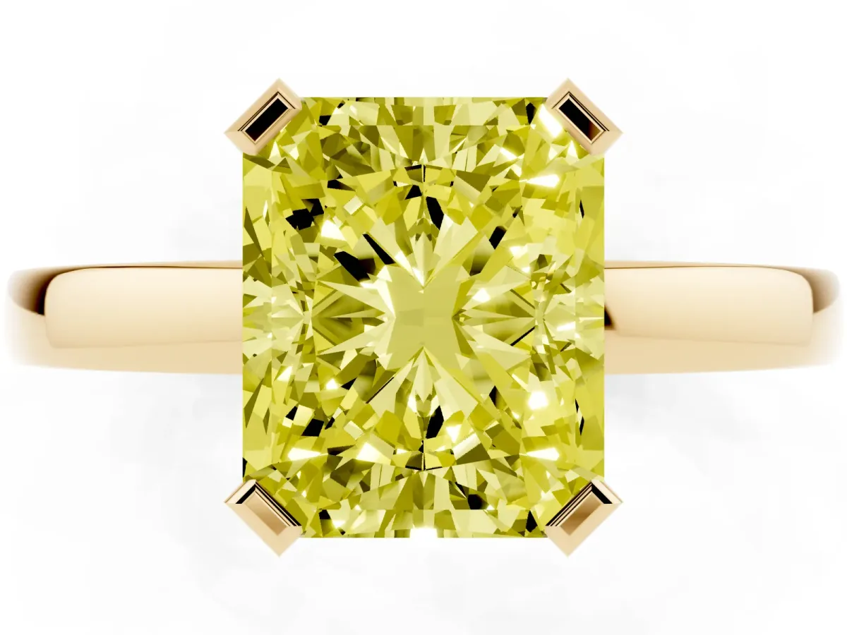 Fancy Yellow Radiant Cut Cut Solitaire Ring with Four-Prong Setting and Classic Band Yellow gold