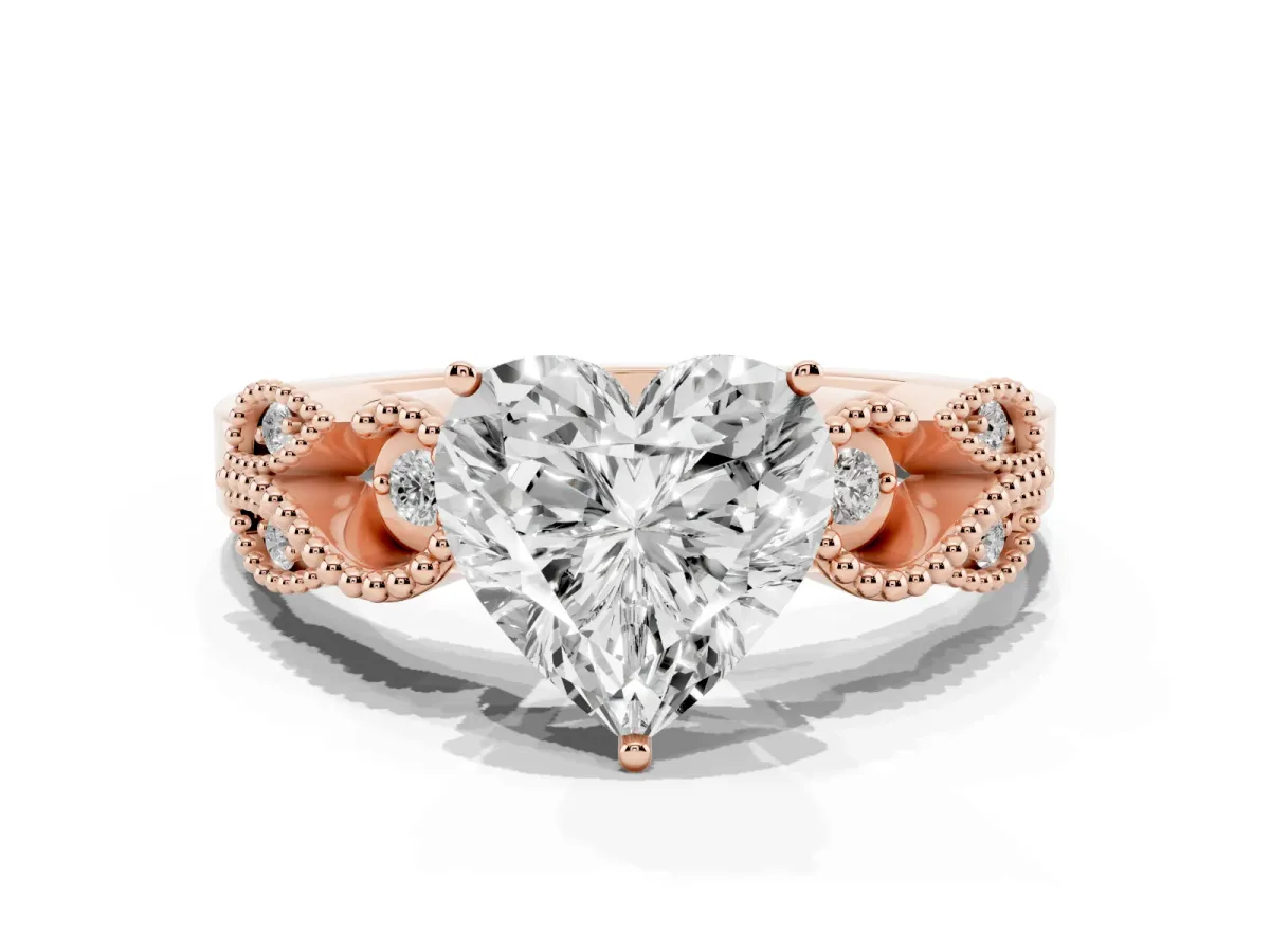 Heart Cut Solitaire Milgrain Leaf Band with Prong Setting Rose gold