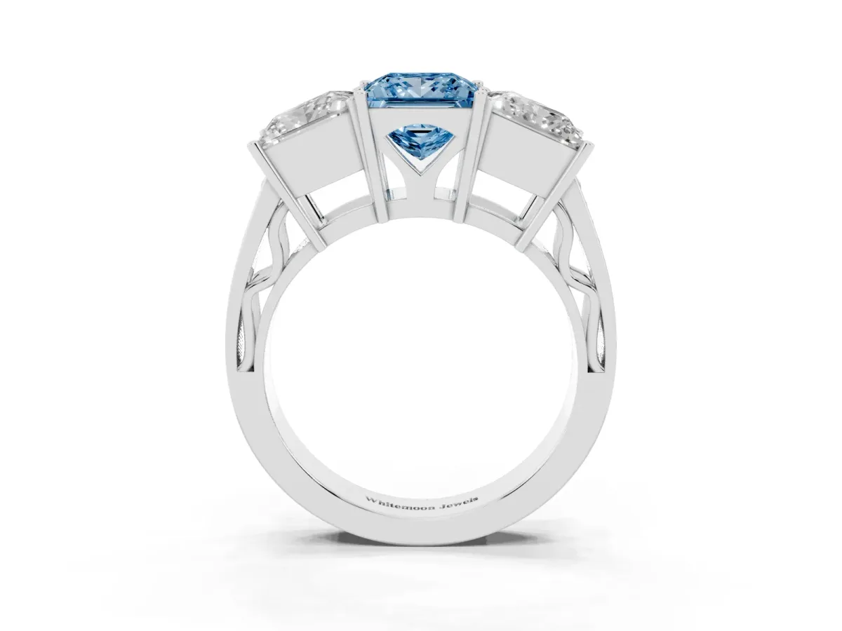 Fancy Blue Princess Cut Diamond Three-Stone Ring with Prong Setting and Textured Band Silver