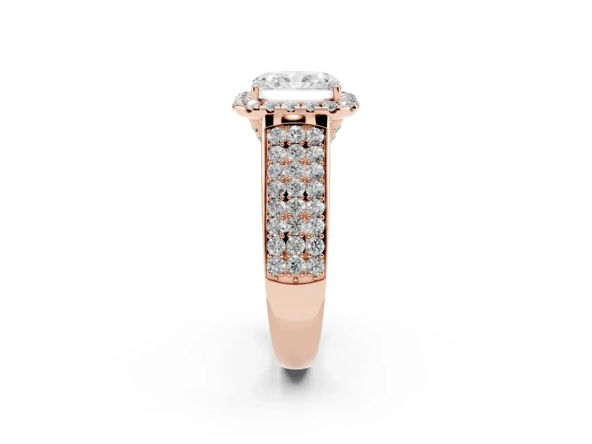 Radiant Cut Halo Round Diamond Pave Band with Prong Setting Rose gold