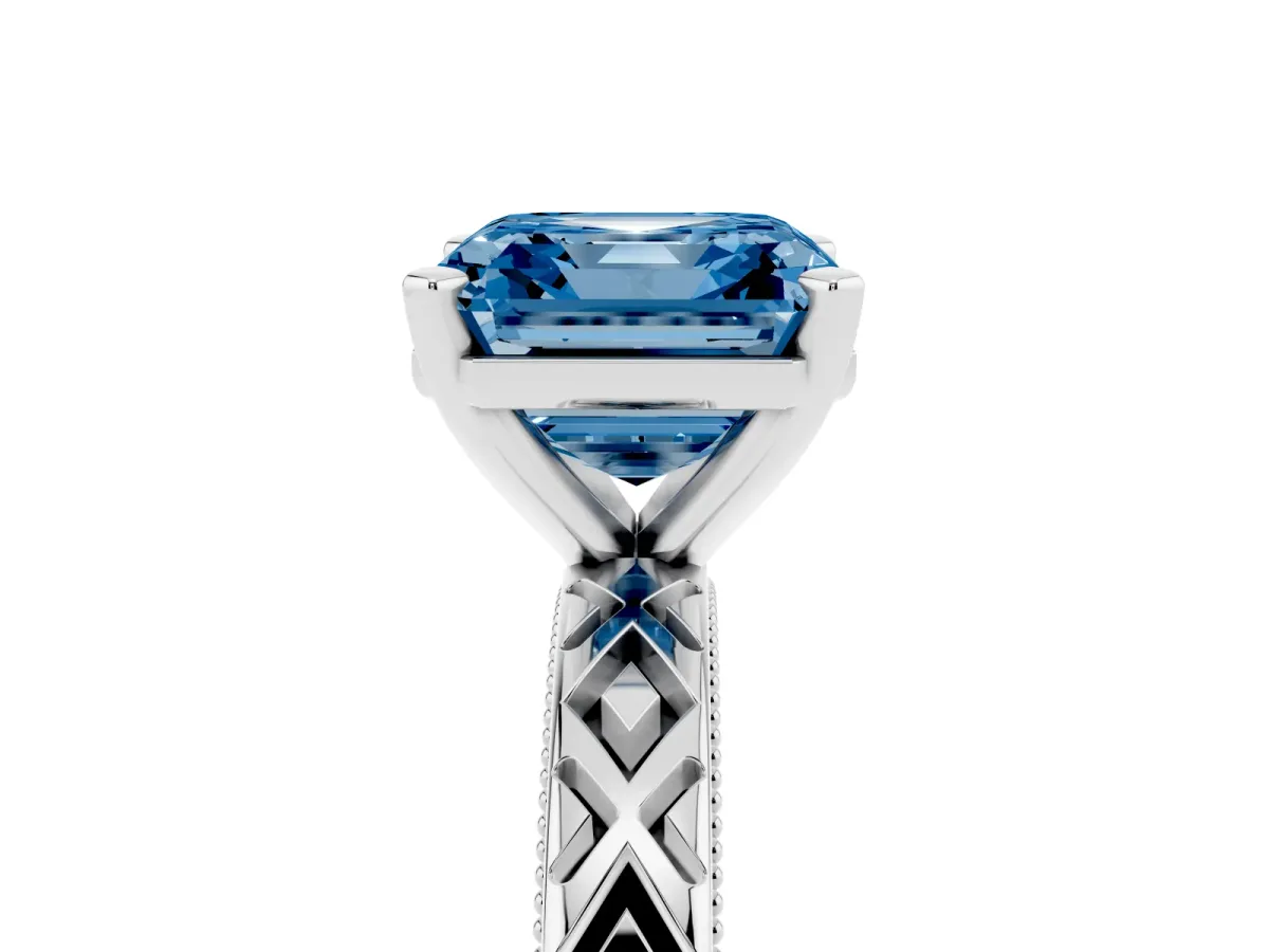 Fancy Blue Asscher Cut Solitaire Diamond Ring with Milgrain and Black Enamel X Pattern Band Silver