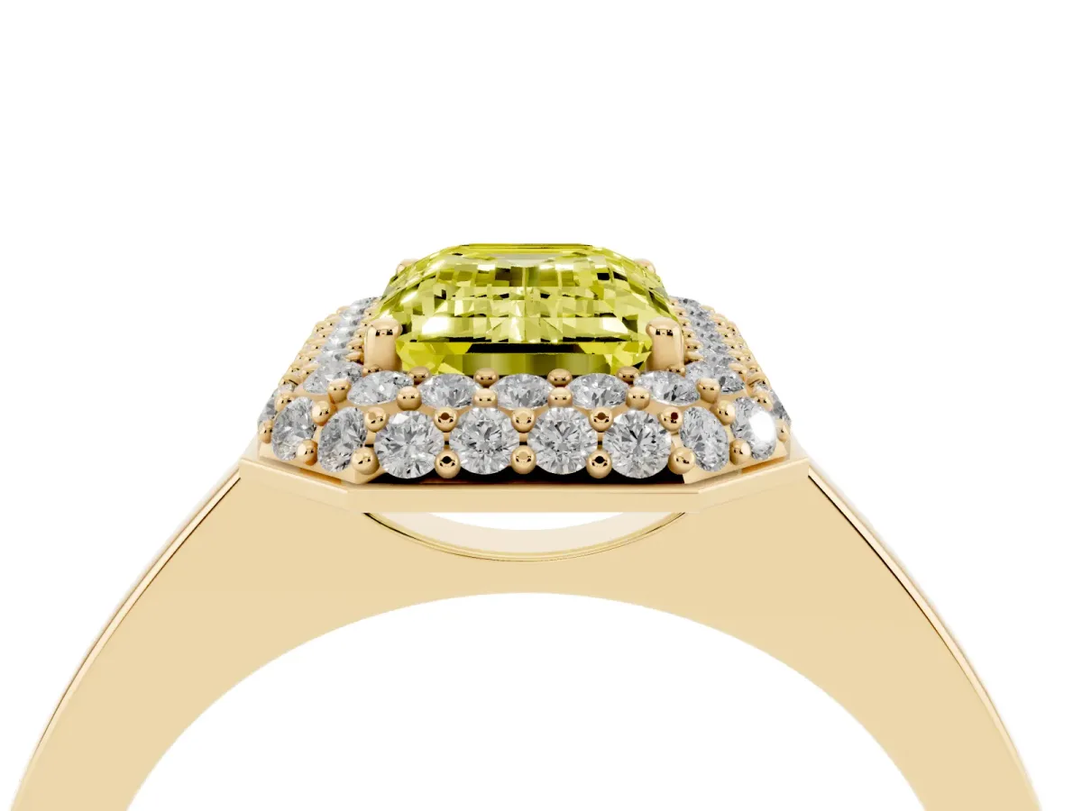 Fancy Yellow Emerald Cut Halo Diamond Engagement Ring with Solitaire Band and Four-Prong Setting Yellow gold