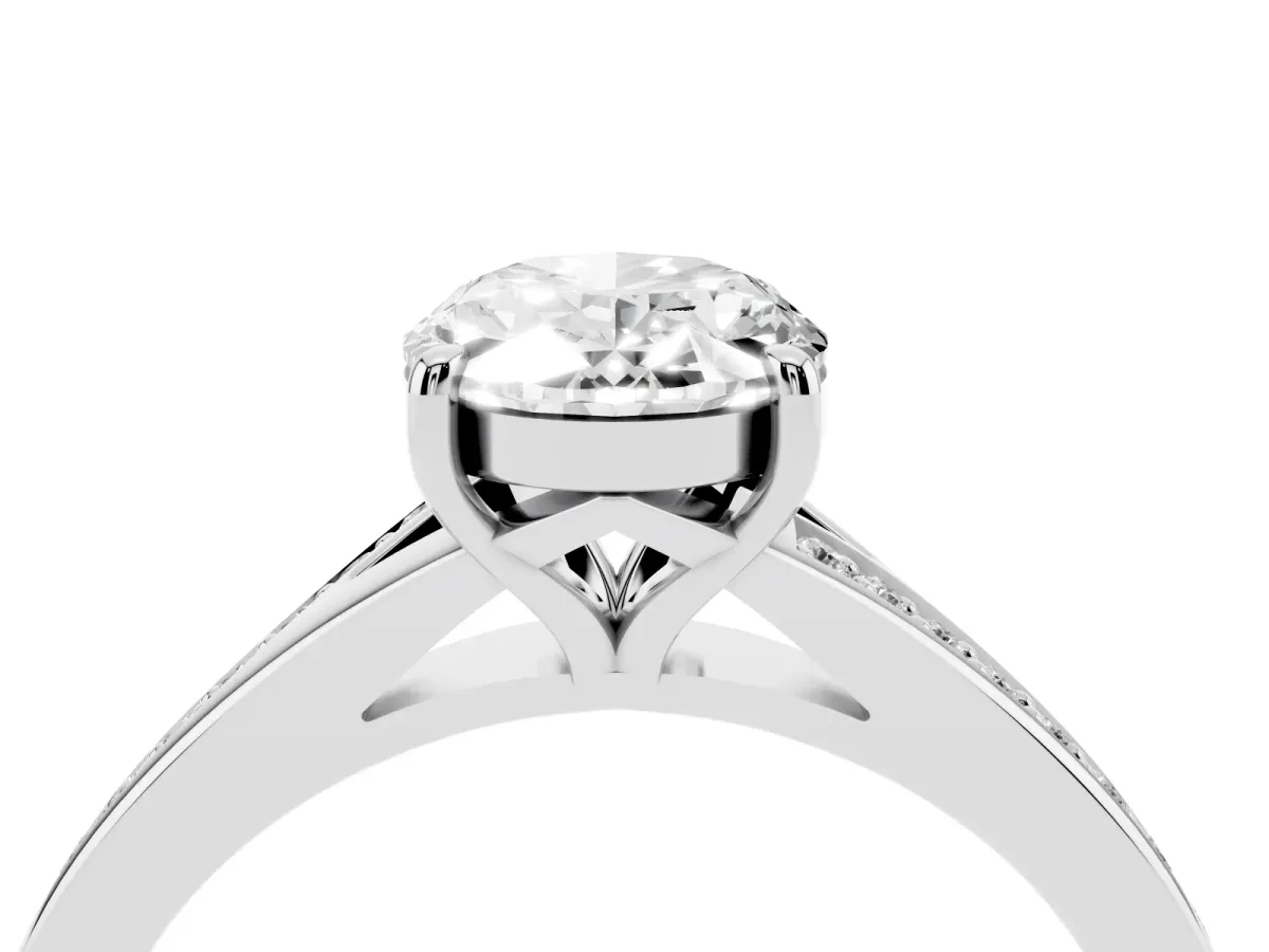Oval Cut Diamond Solitaire Ring with Pavé Band and Prong Setting Silver