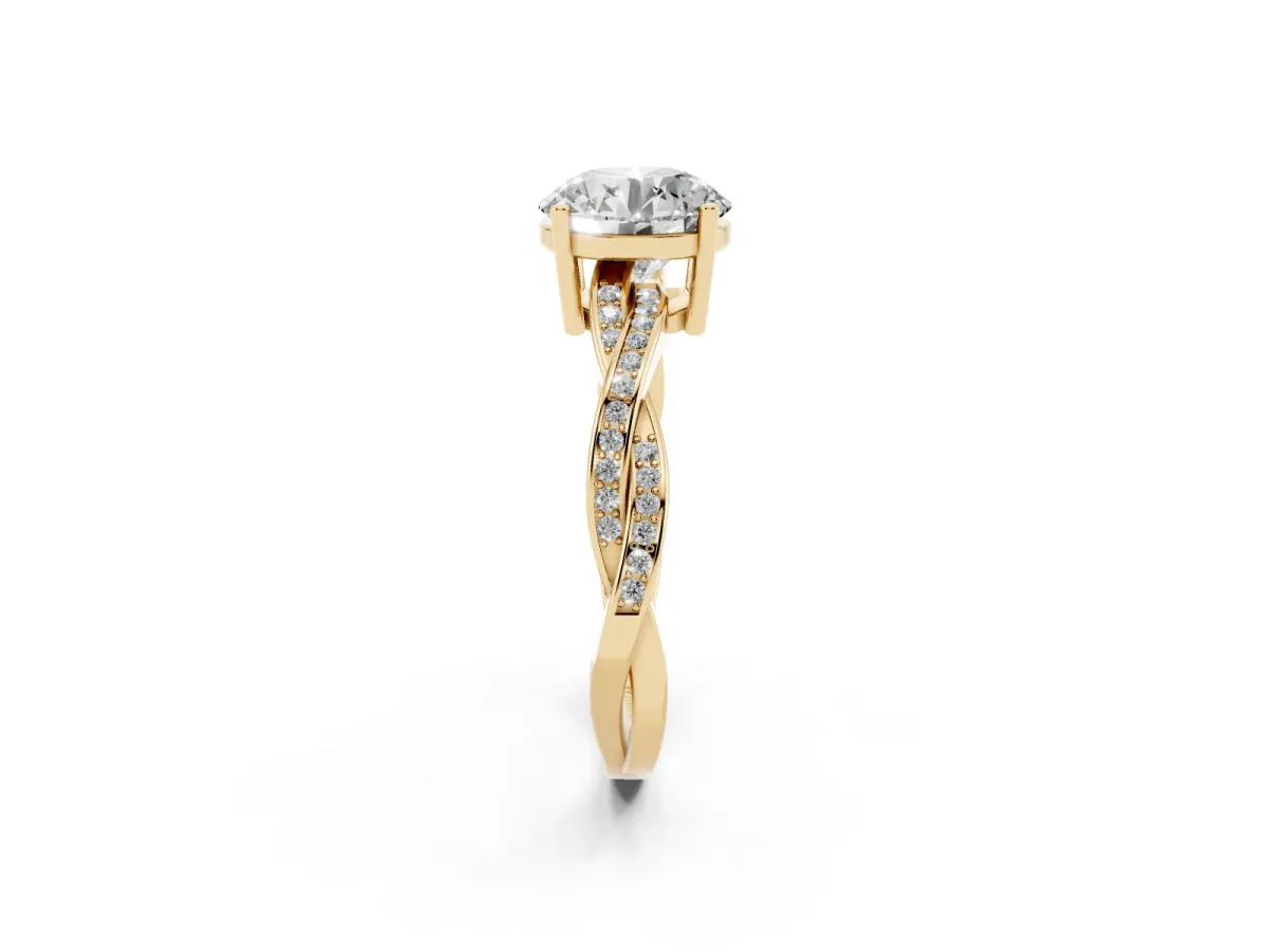 Round Cut Solitaire Twisted Pave Diamond Ring with Four-Prong Setting Yellow gold