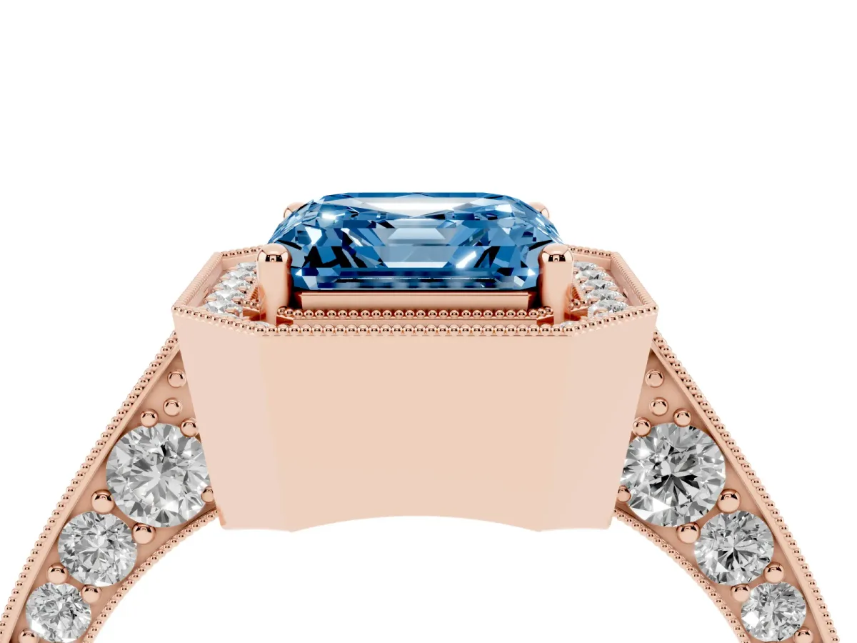 Fancy Blue Asscher Cut Halo Diamond Engagement Ring with Split Shank Band and Four-Prong Setting Rose gold