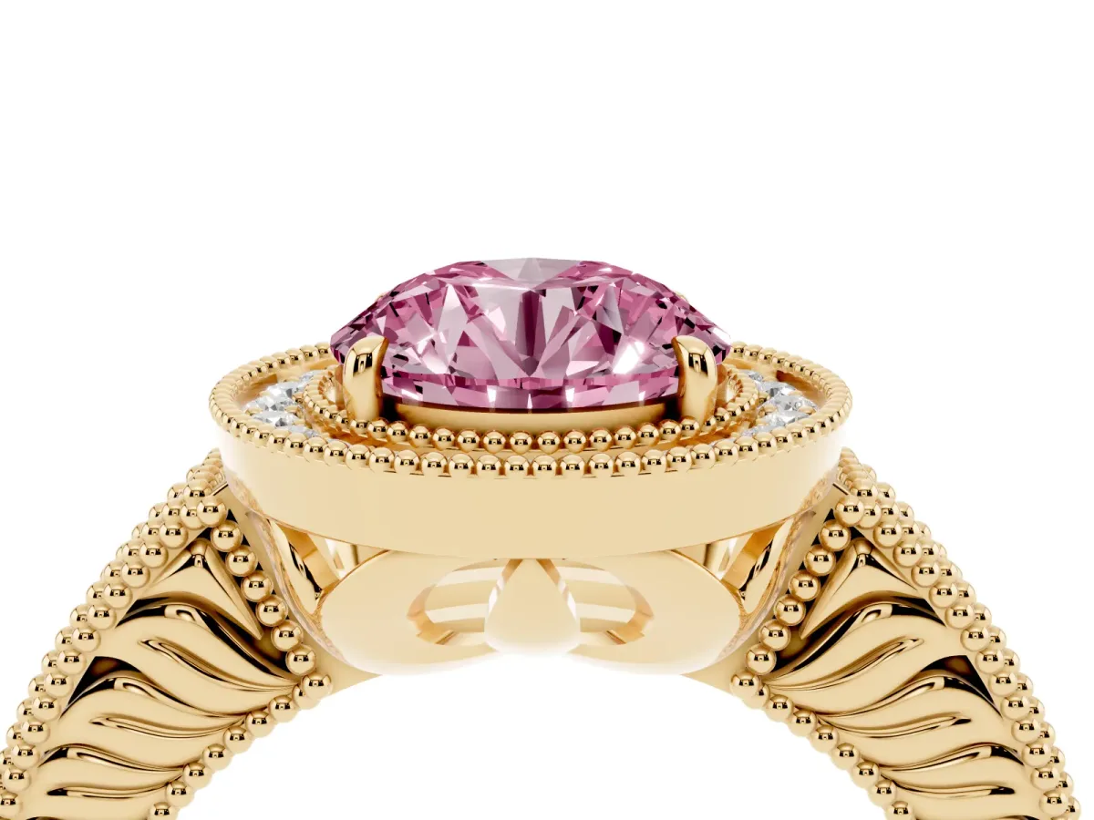 Fancy Pink Round Cut Cut Halo Diamond Ring with Pavé Band and Four-Prong Setting Yellow gold