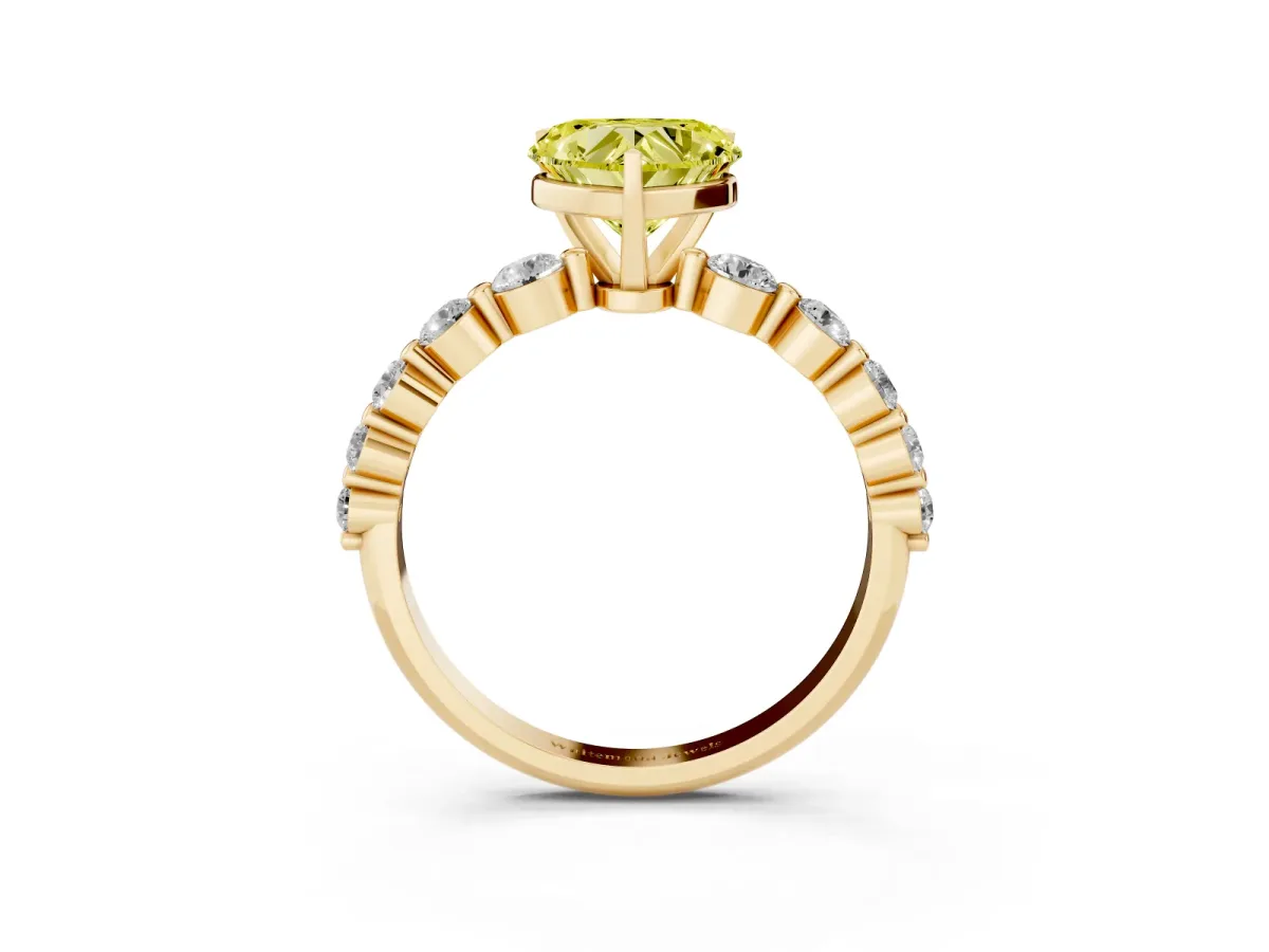 Fancy Yellow Heart Cut Solitaire Diamond Ring with Pave Band and Four-Prong Setting Yellow gold