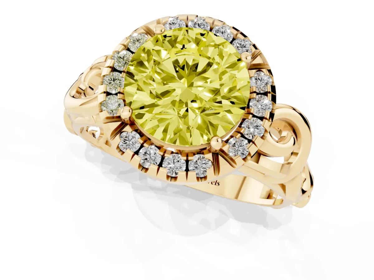 Fancy Yellow Round Cut Cut Halo Diamond Ring with Scrollwork Band and Four-Prong Setting Yellow gold