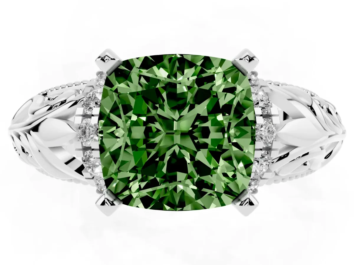 Fancy Green Cushion Cut Solitaire Filigree Engagement Ring with Halo and Prong Setting Silver