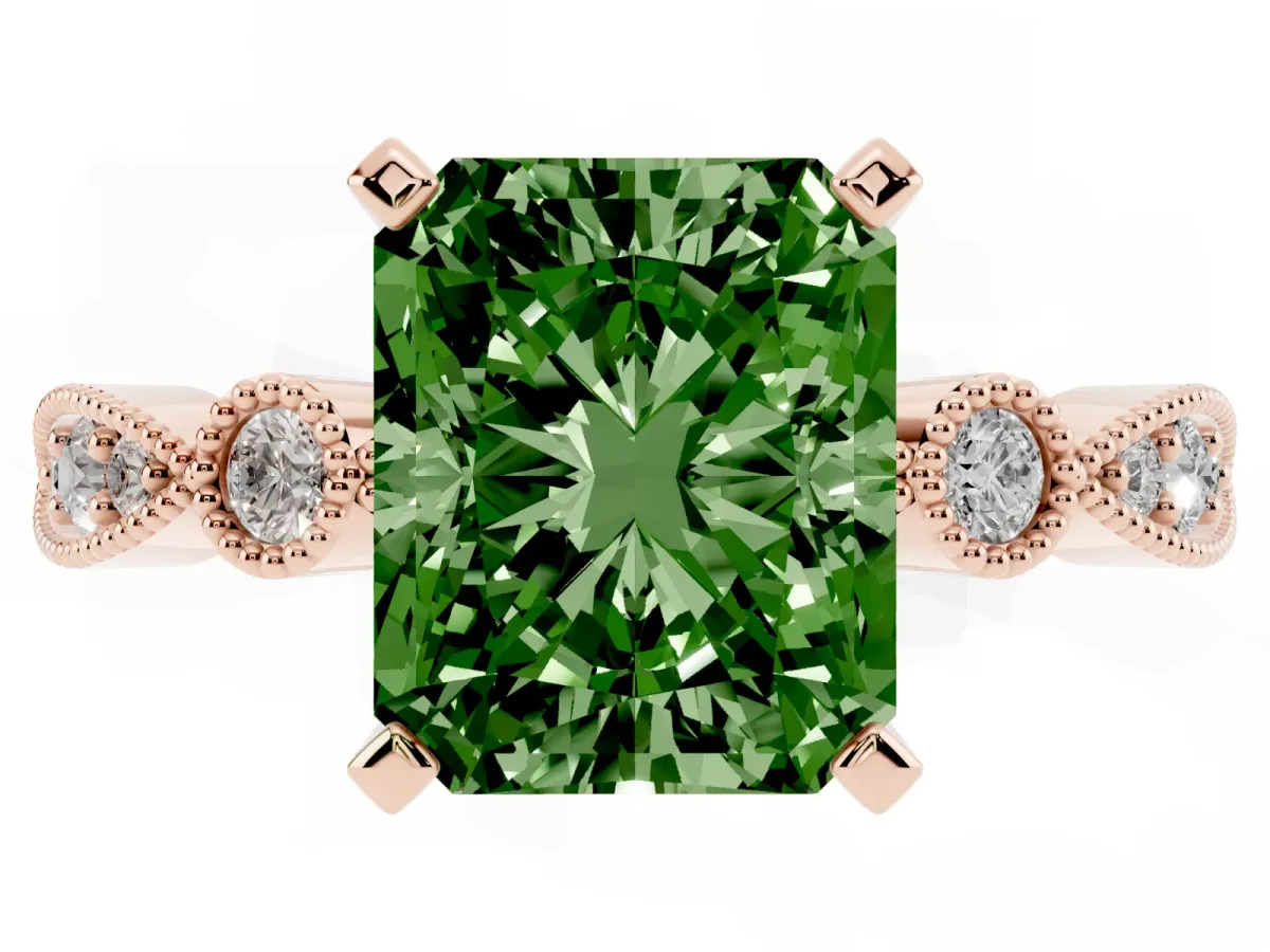 Fancy Green Radiant Cut Milgrain Bezel Diamond Engagement Ring with Solitaire Prong Setting Rose gold