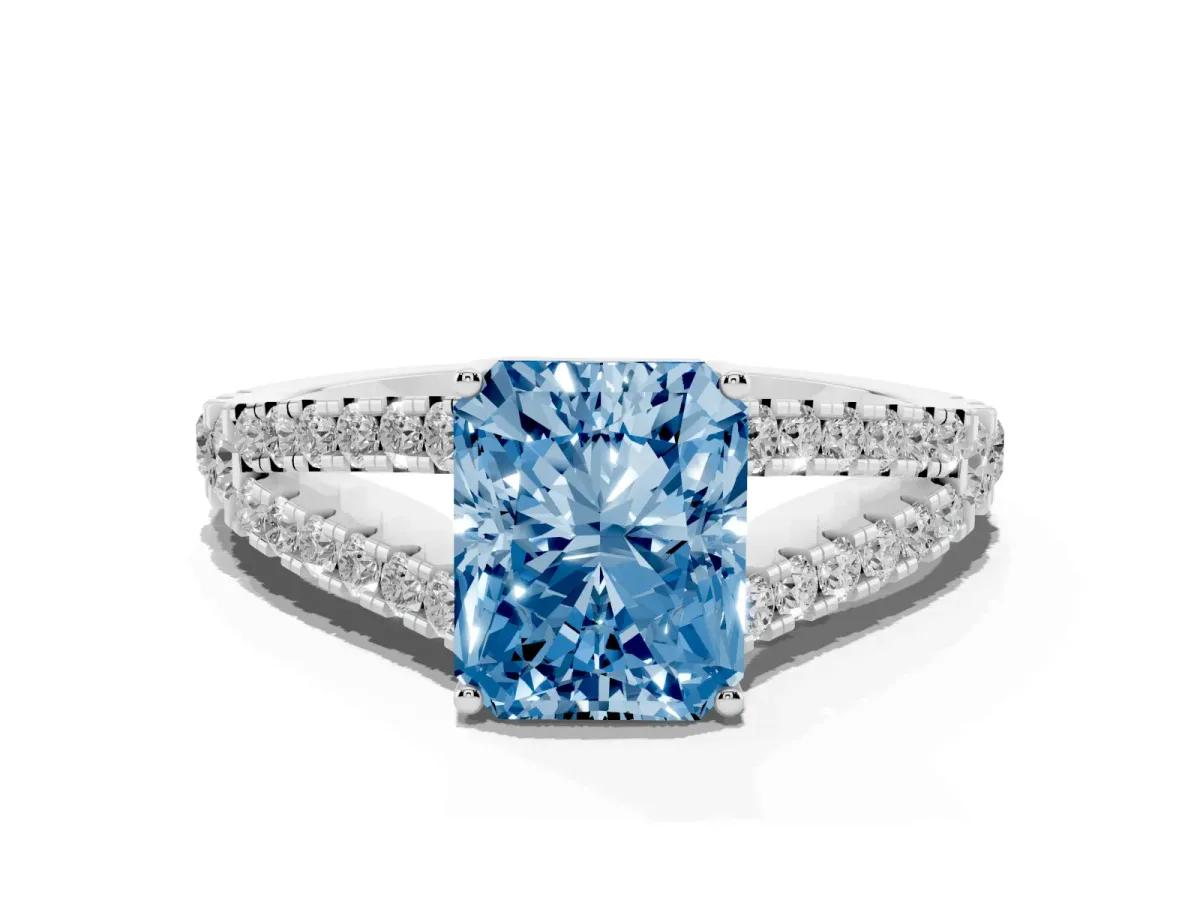 Fancy Blue Radiant Cut Diamond Split Shank Engagement Ring with Round Pavé and Prong Setting Silver