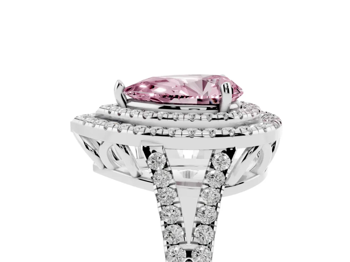 Fancy Pink Pear Cut Diamond Double Halo Ring with Pavé Band and Prong Setting Platinum