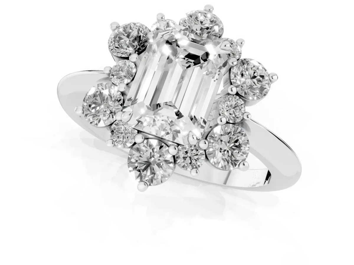 Emerald Cut Diamond Cluster Halo Ring with Solitaire Band and Four-Prong Setting Silver