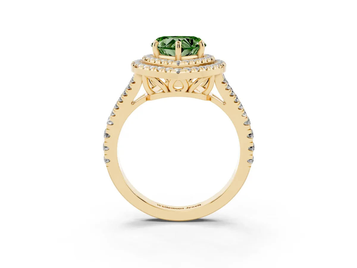 Fancy Green Heart Cut Diamond Double Halo Ring with Pavé Band and Prong Setting Yellow gold