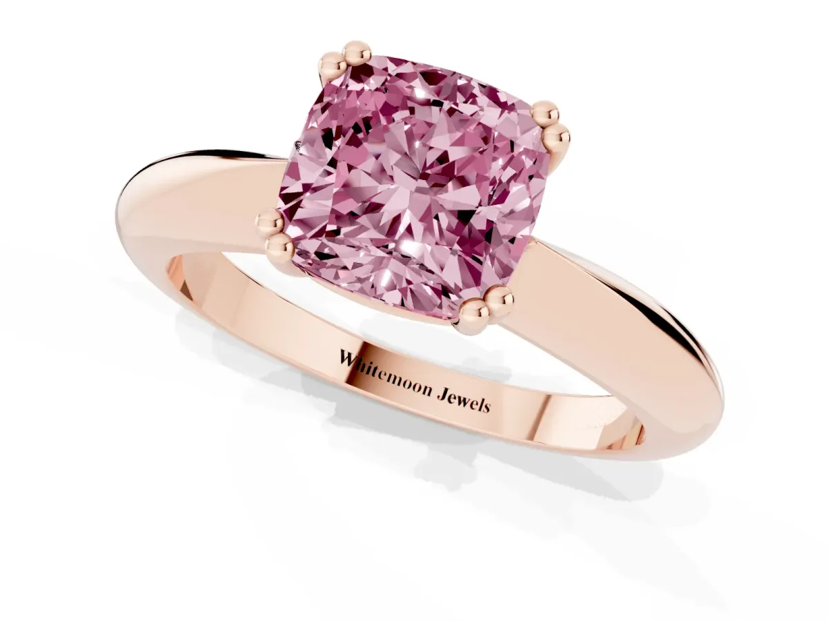 Fancy Pink Cushion Cut Cut Solitaire Engagement Ring with Tapered Band and Four-Prong Setting Rose gold