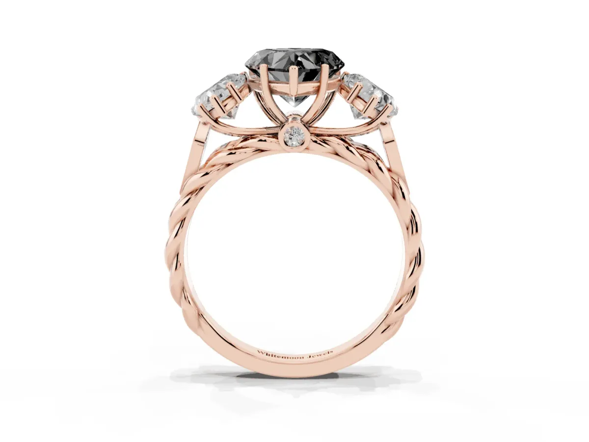 Fancy Black Three-Stone Heart Cut Diamond Braided Band Ring with Four-Prong Setting Rose gold
