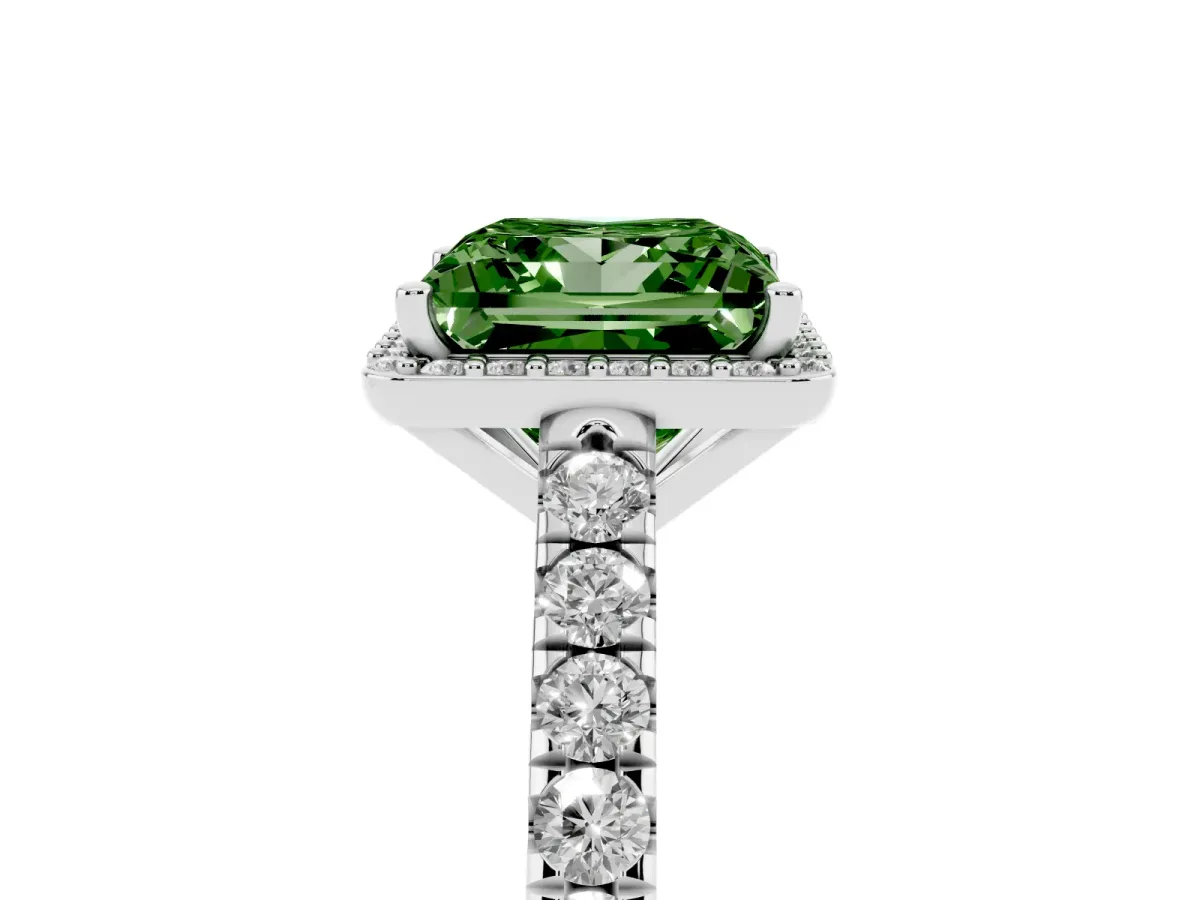 Fancy Green Princess Cut Cut Halo Diamond Engagement Ring with Pave Band and Four-Prong Setting Platinum