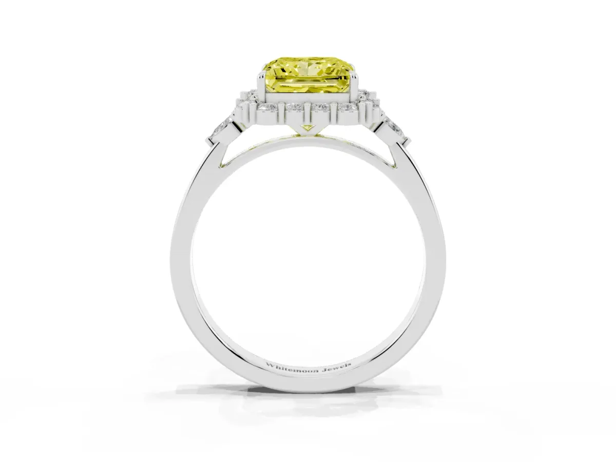 Fancy Yellow Princess Cut Diamond Halo Ring with Pear Side Stones and Prong Setting Silver