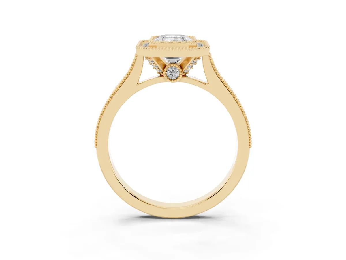 Halo Emerald Cut-Cut Diamond Pave Band Milgrain Prong Setting Ring Yellow gold