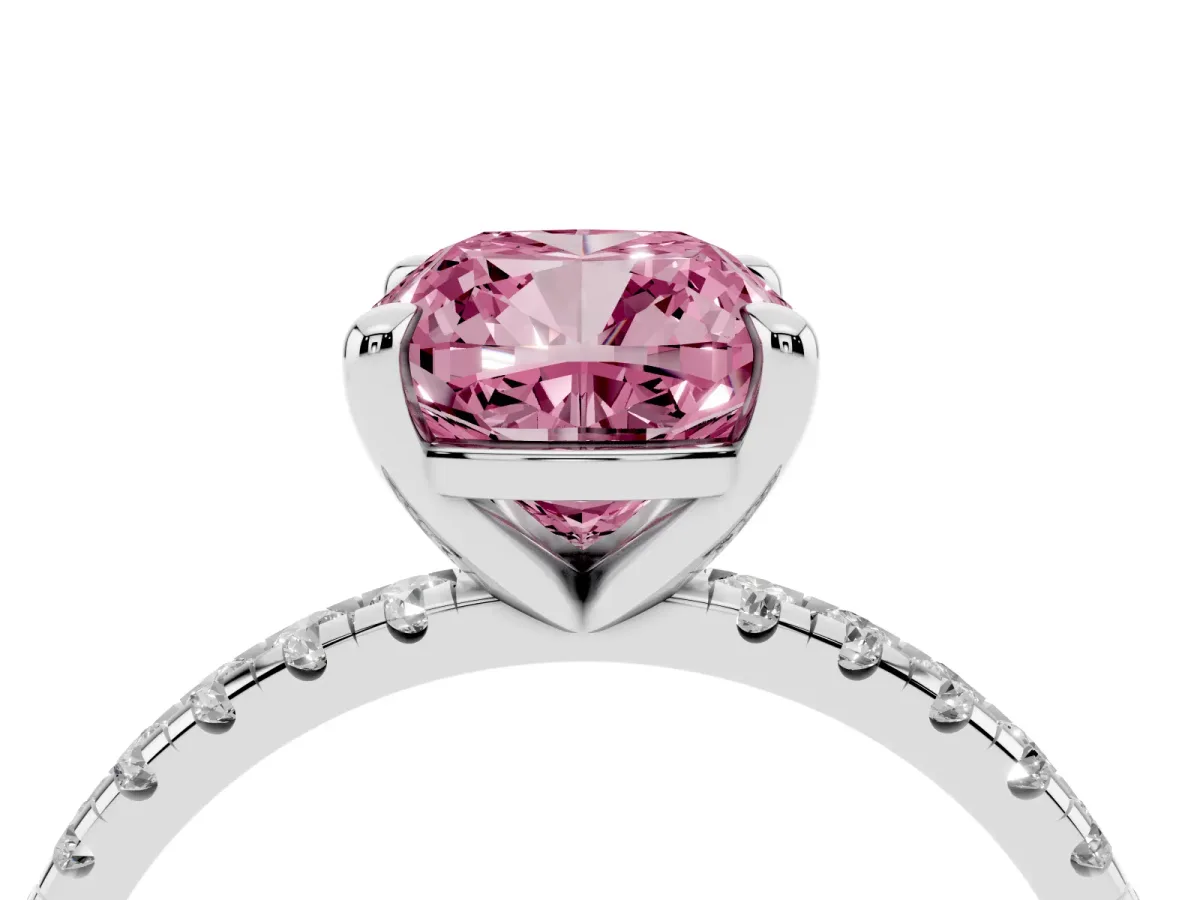 Fancy Pink Cushion Cut Diamond Brilliant Solitaire Ring with Pavé Band and Four-Prong Setting White gold