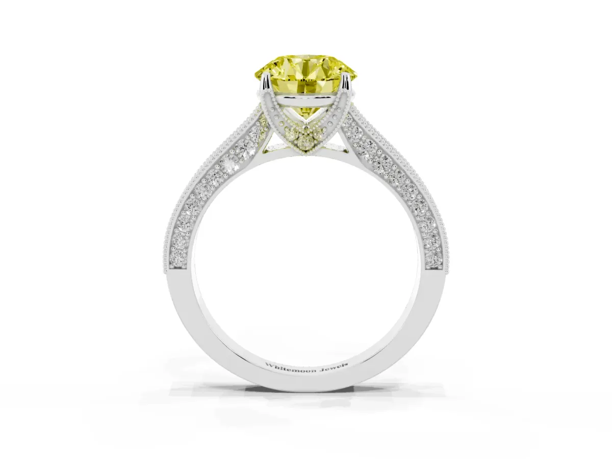Fancy Yellow Round Cut Cut Diamond Solitaire Ring with Milgrain Pave Band and Four Prong Setting Silver
