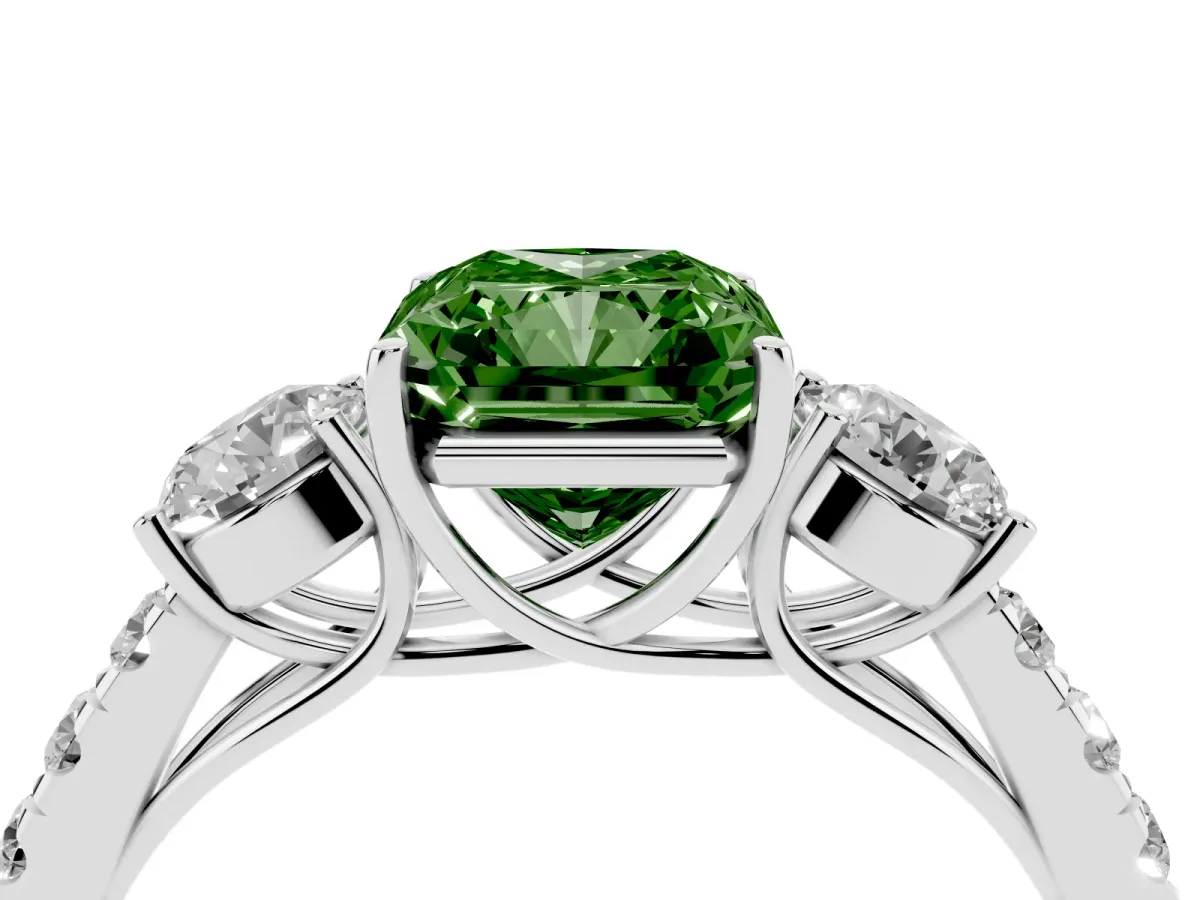 Fancy Green Radiant Cut Cut Diamond Three-Stone Ring with Round Side Stones and Pavé Band Silver
