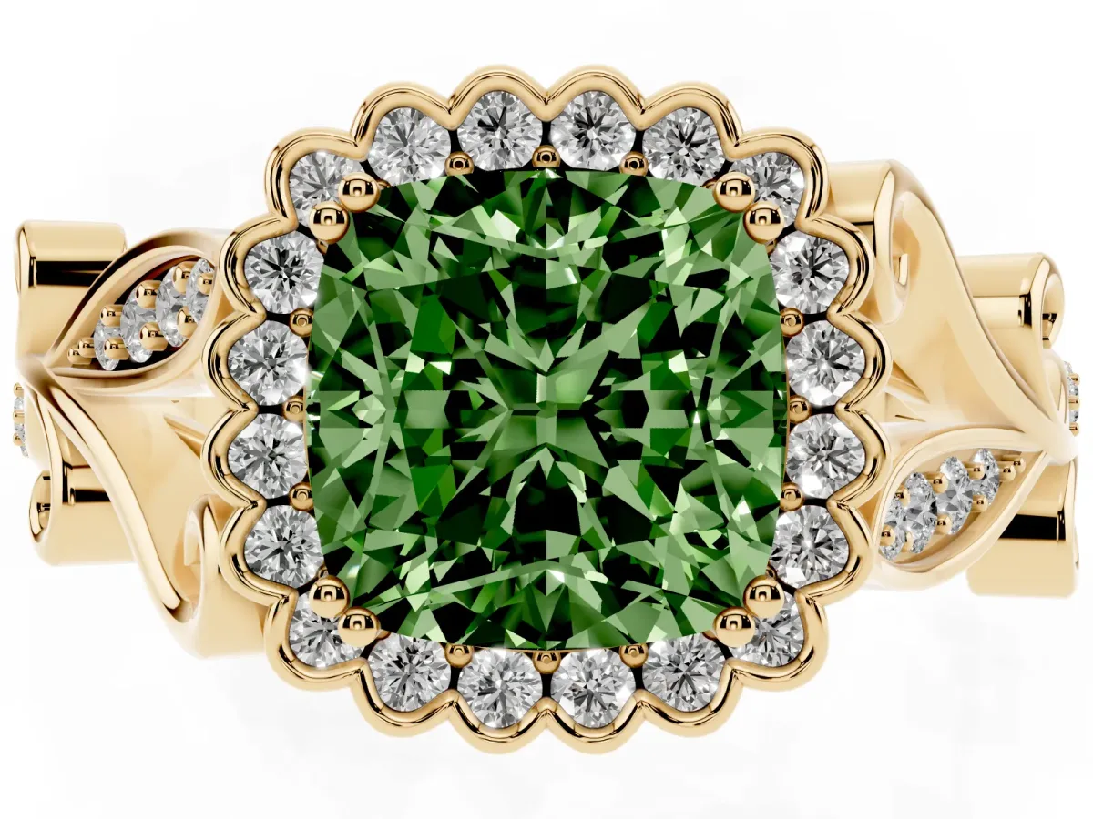 Fancy Green Cushion Cut Diamond Halo Ring with Vintage Split Shank and Four-Prong Setting Yellow gold