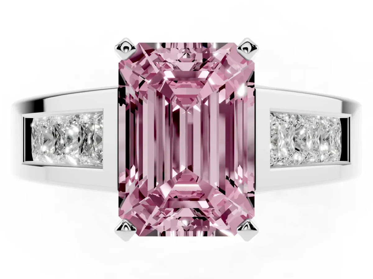 Fancy Pink Emerald Cut Cut Channel Set Solitaire Ring with Four-Prong Setting Platinum