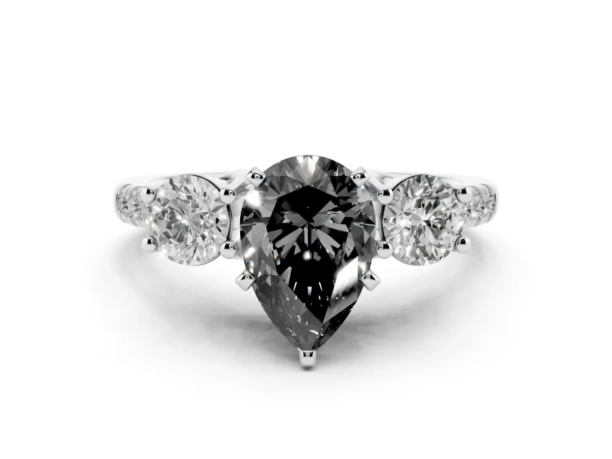 Fancy Black Three-Stone Pear Cut Diamond Pavé Band with Four-Prong Setting Silver