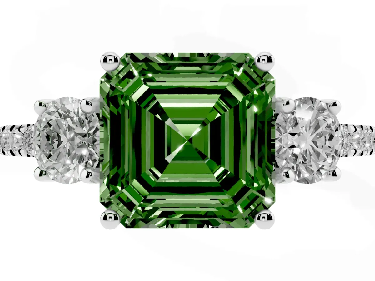 Fancy Green Three-Stone Asscher Cut Cut Diamond Pavé Band with Prong Setting Silver