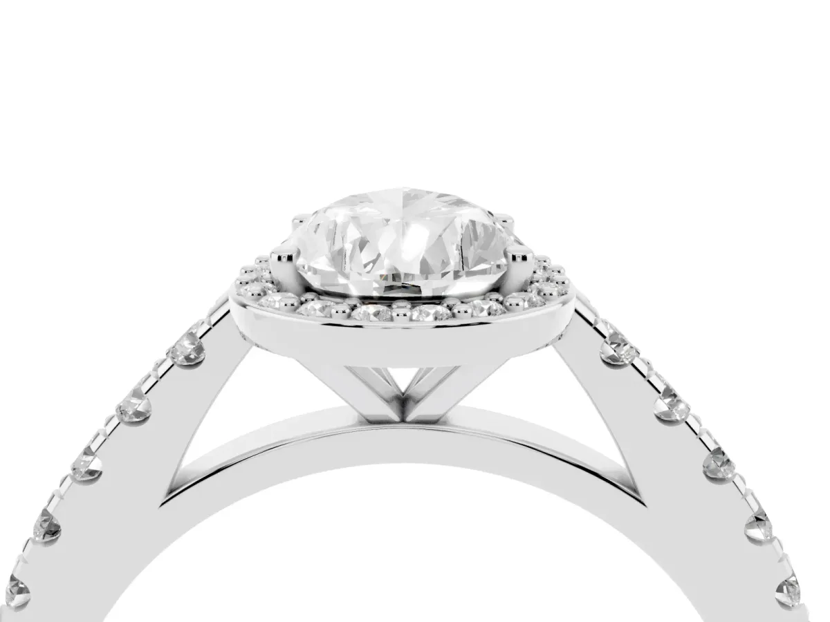 Pear Cut Cut Halo Diamond Engagement Ring with Pave Band and Four-Prong Setting Platinum