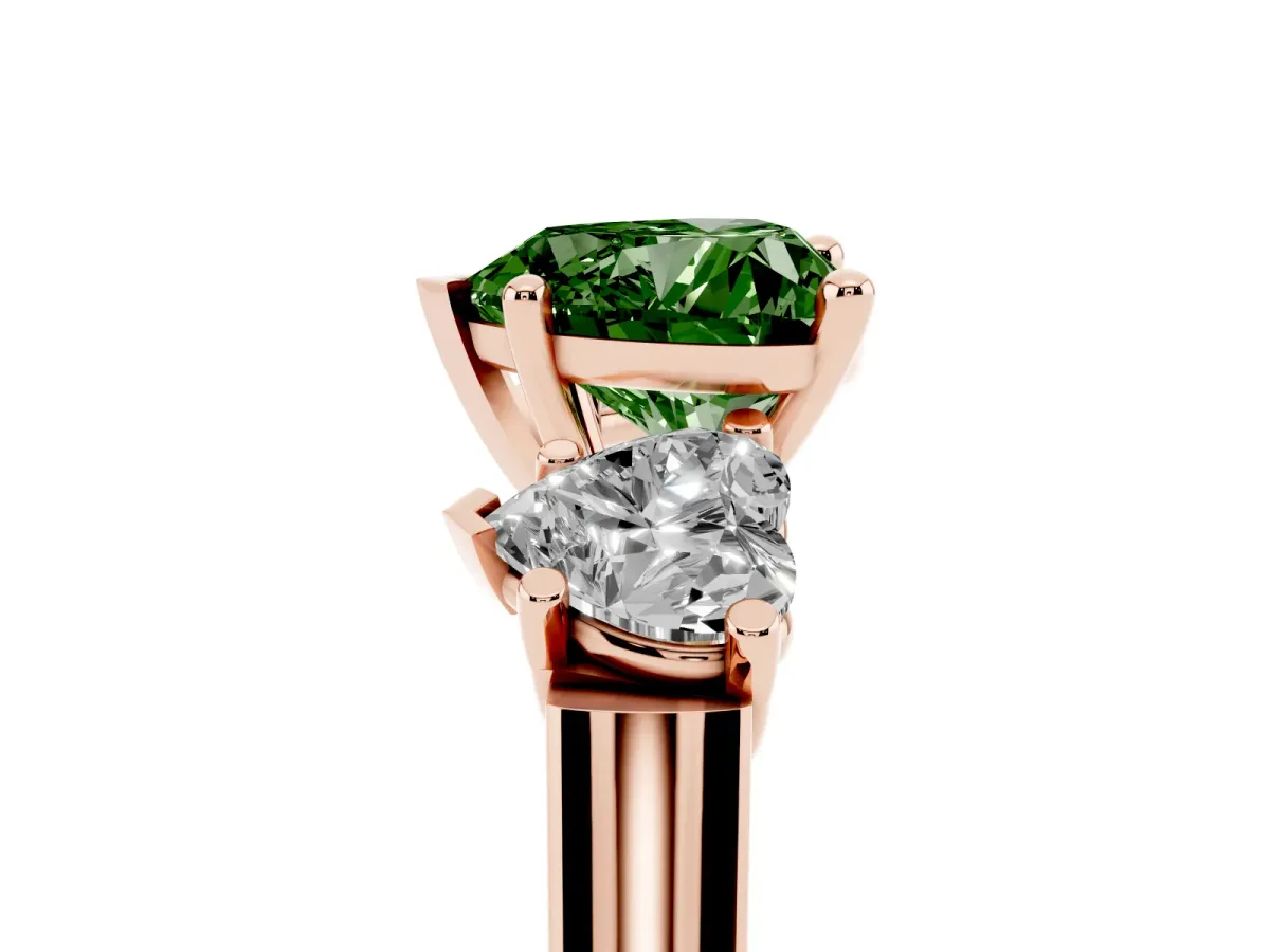 Fancy Green Three-Stone Heart Cut Brilliant Diamond Trellis Ring with Comfort Fit Band Rose gold
