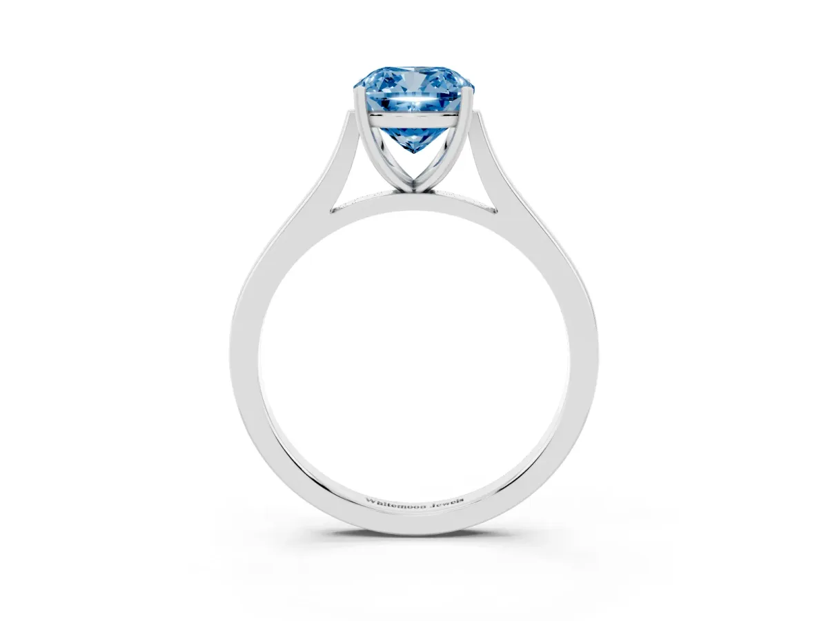 Fancy Blue Cushion Cut Solitaire Heart Prong Engagement Ring with Tapered Band White gold
