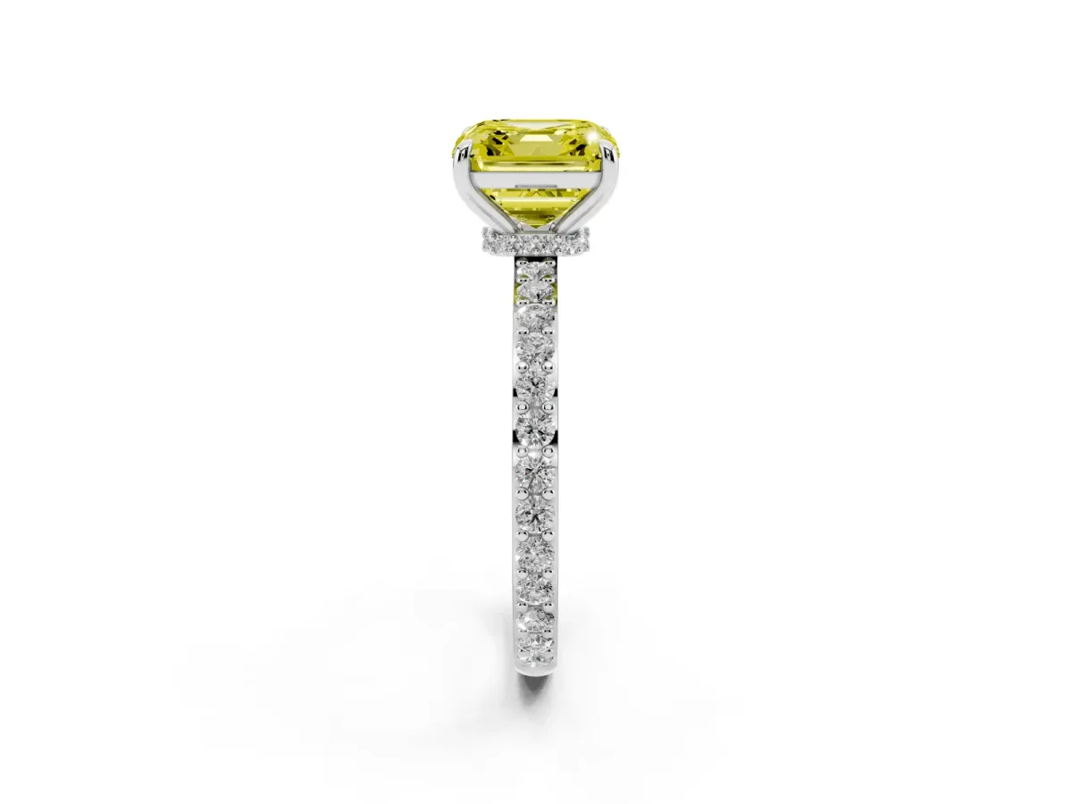 Fancy Yellow Asscher Cut Diamond Solitaire Engagement Ring with Pavé Band and Four-Prong Setting Silver