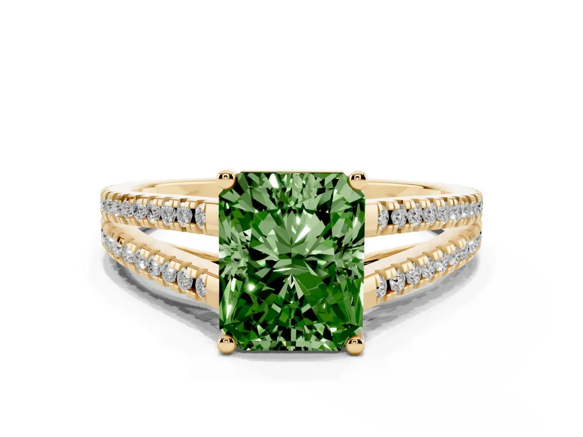 Fancy Green Radiant Cut Diamond Solitaire Engagement Ring with Split Shank Pavé Band Yellow gold