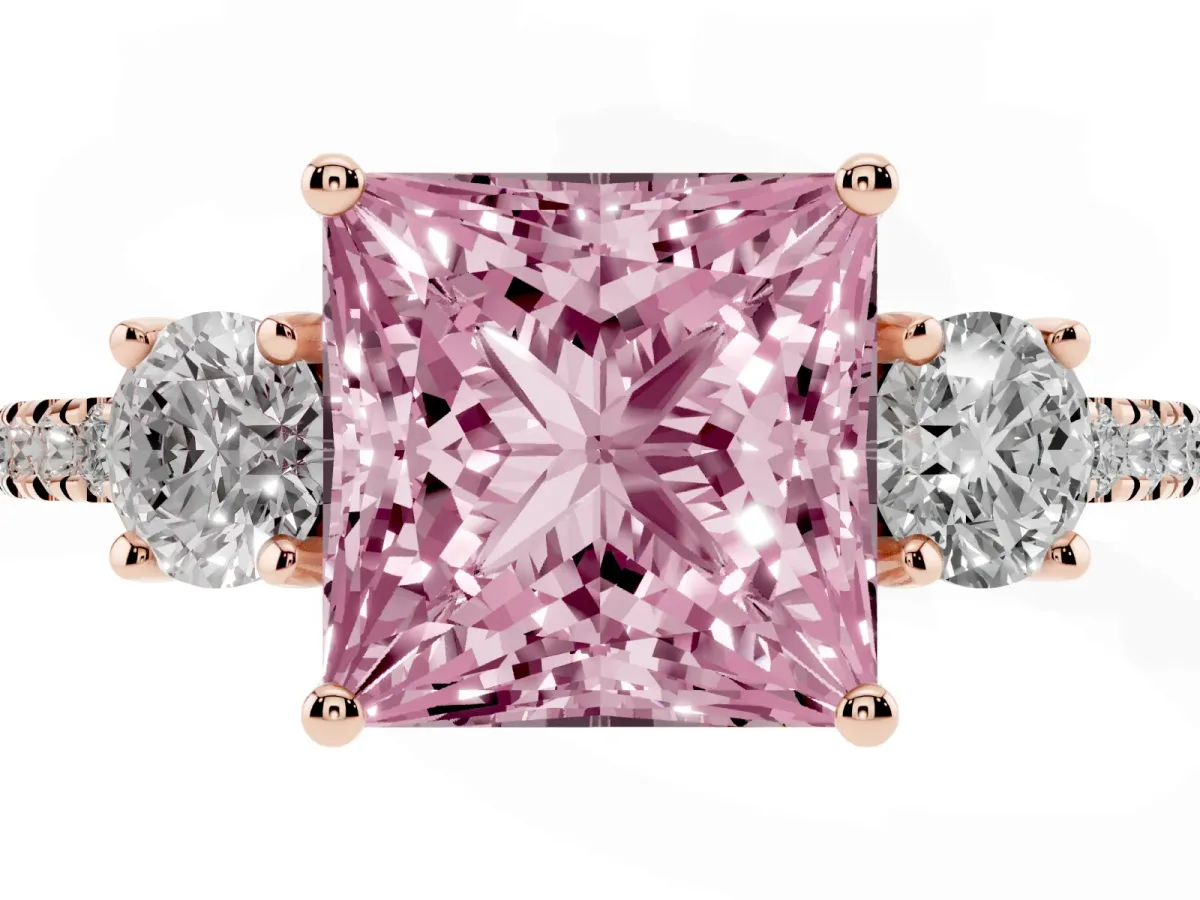 Fancy Pink Three-Stone Princess Cut Cut Diamond Pavé Band with Prong Setting Rose gold