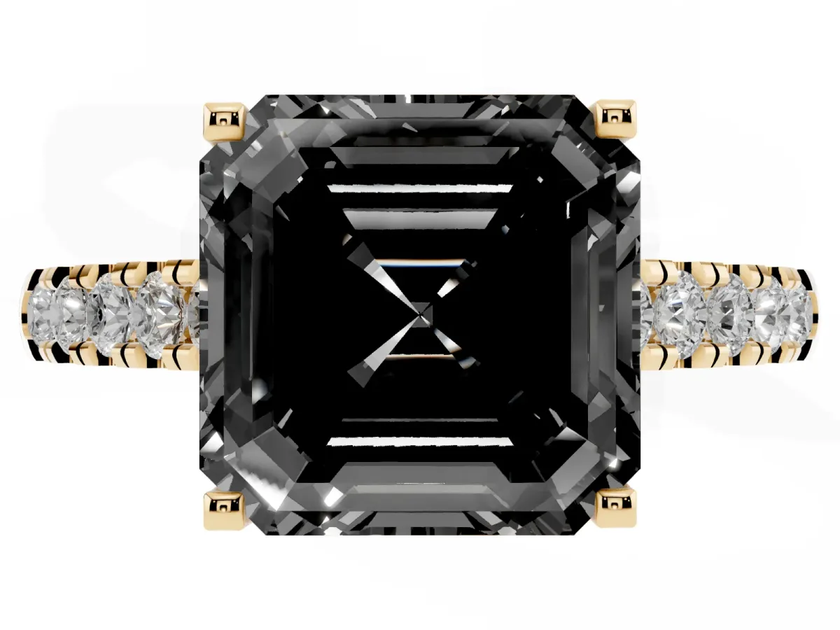 Fancy Black Asscher Cut Diamond Pavé Band Solitaire Ring with Prong Setting Yellow gold