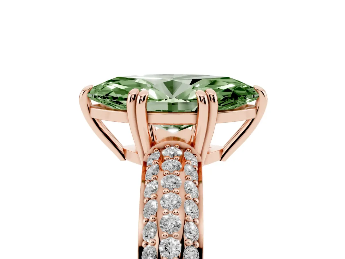 Fancy Green Marquise Cut Diamond Solitaire Ring with Multi-Row Round Pavé Band and Prong Setting Rose gold
