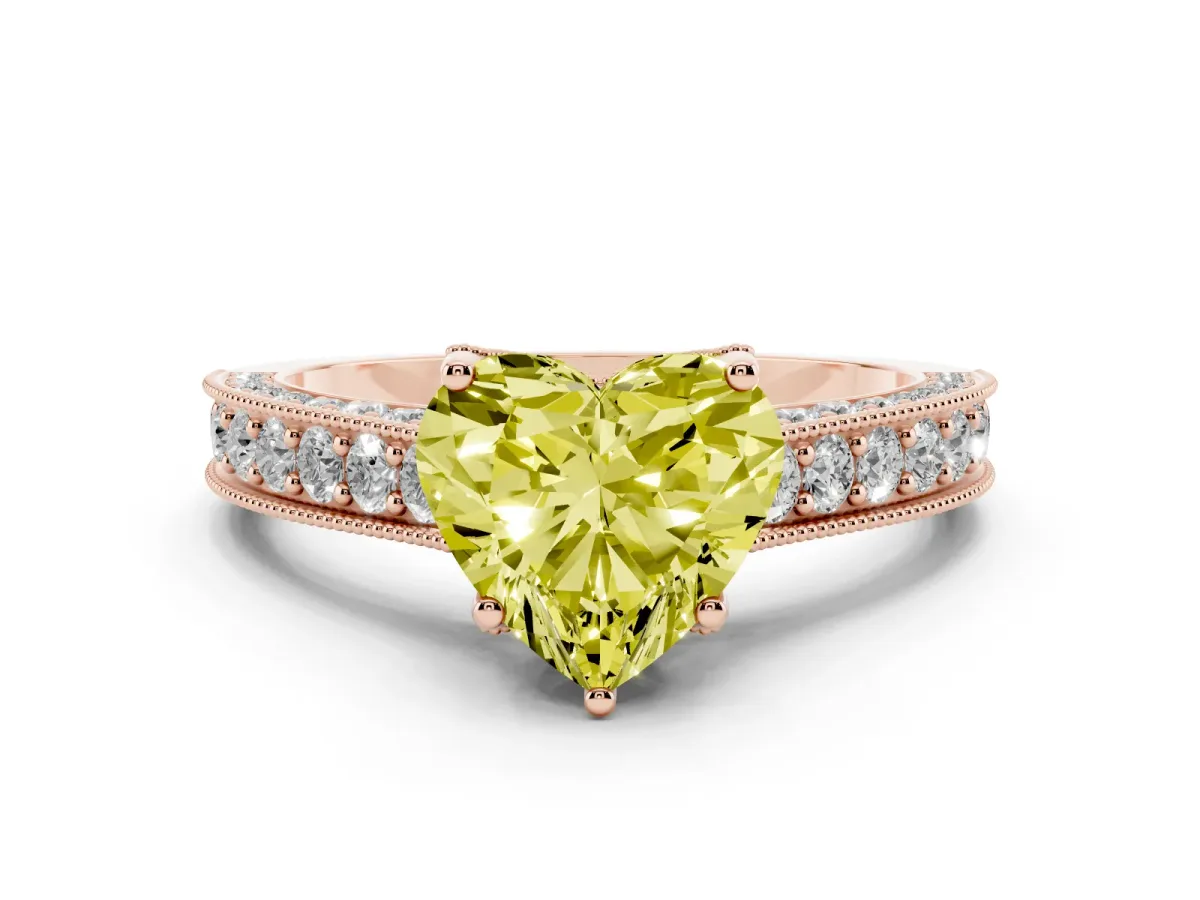 Fancy Yellow Heart Cut Cut Diamond Solitaire Ring with Milgrain Pave Band and Four Prong Setting Rose gold