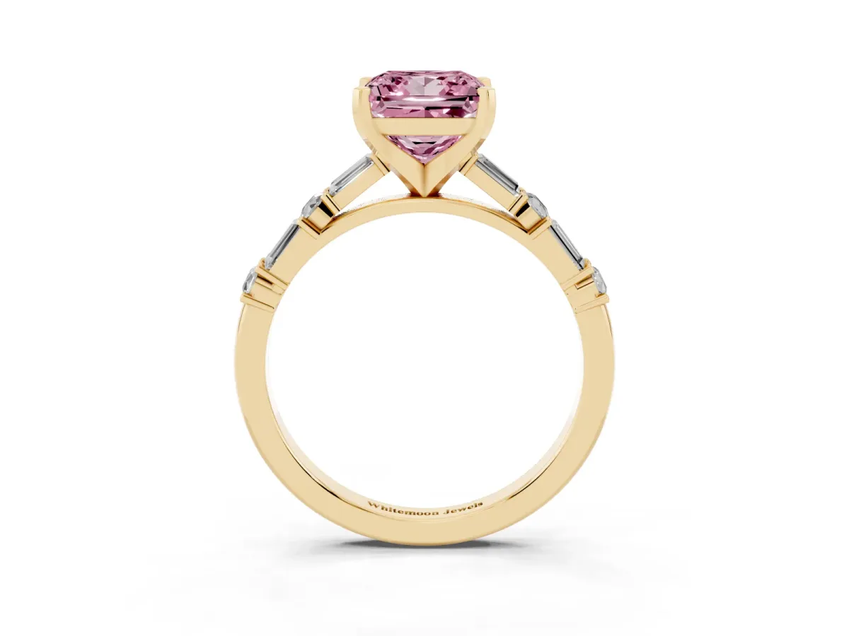 Fancy Pink Princess Cut Diamond Solitaire with Side Baguettes and Channel Set Band Yellow gold