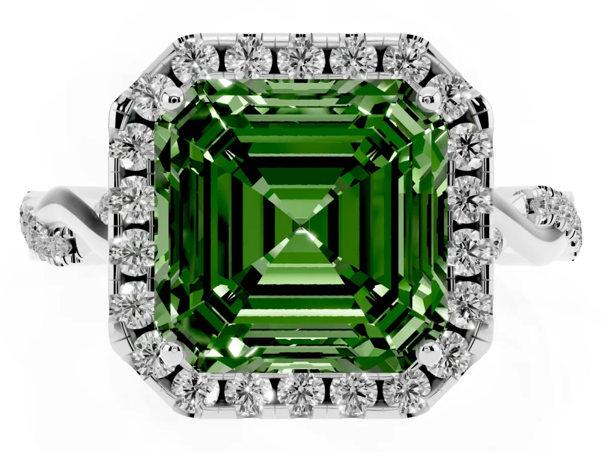 Fancy Green Asscher Cut Halo Twist Band Solitaire Ring Silver
