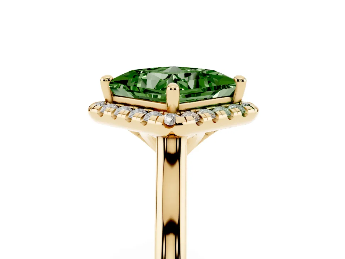 Fancy Green Princess Cut Halo Round Diamond Solitaire Engagement Ring with Pave Band and Four-Prong Setting Yellow gold