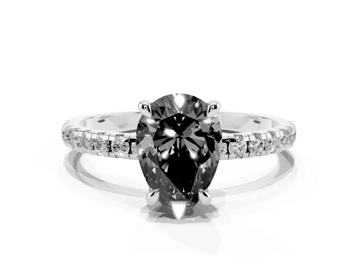 Fancy Black Pear Cut Diamond Brilliant Solitaire Ring with Pavé Band and Four-Prong Setting Silver