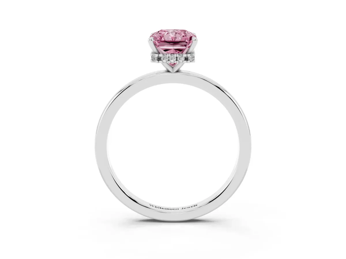 Fancy Pink Radiant Cut Solitaire Engagement Ring with Cathedral Band and Four-Prong Setting White gold