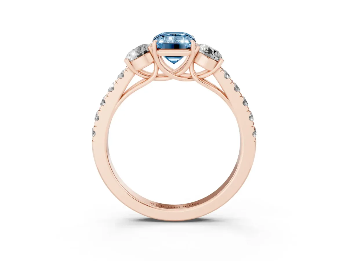 Fancy Blue Emerald Cut Cut Diamond Three-Stone Ring with Round Side Stones and Pavé Band Rose gold